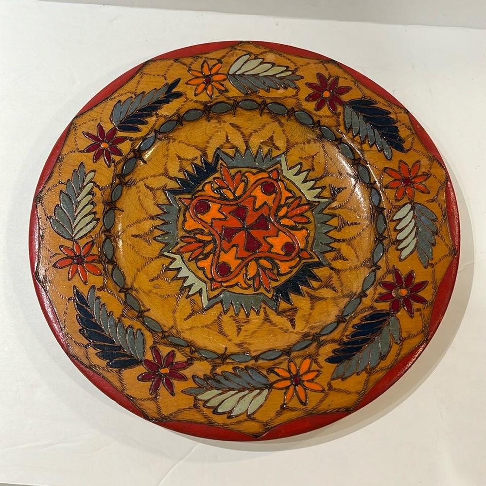 Hand painted wooden vintage 9” plate 1949. German or Austrian. Beautiful